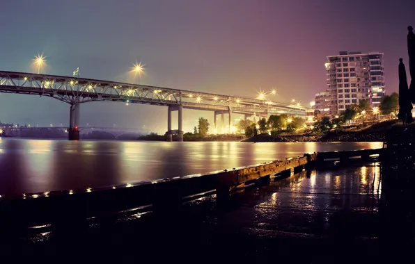 Ночь, мост, огни, река, Oregon, Portland