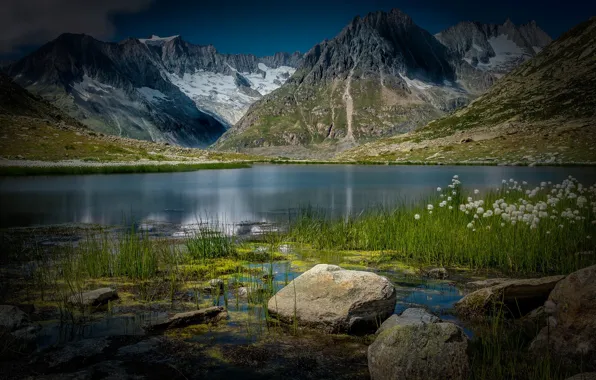 Картинка трава, пейзаж, горы, природа, озеро, камни, Швейцария