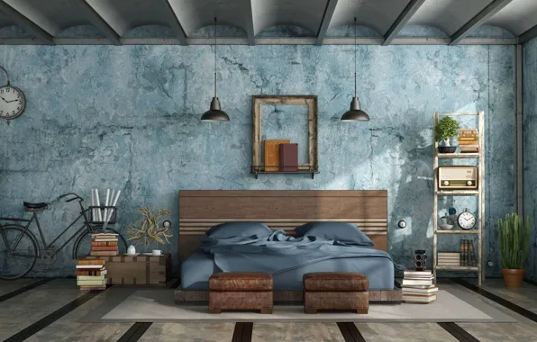 Комната, интерьер, декорации, grunge mastern bedroom in industrial style, индустриальный дизайн, спальня в стиле гранж