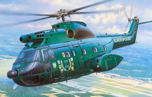 Рисунок, арт, Puma, французский средний транспортный вертолёт, Sud-Aviation, Aérospatiale, SA.330, bundespolizei