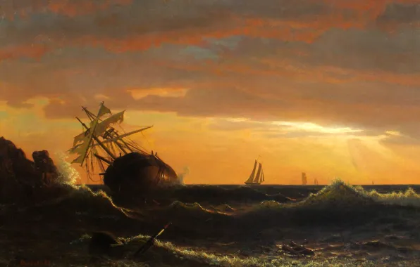 Картинка море, волны, картина, морской пейзаж, Альберт Бирштадт, Корабль на Мели