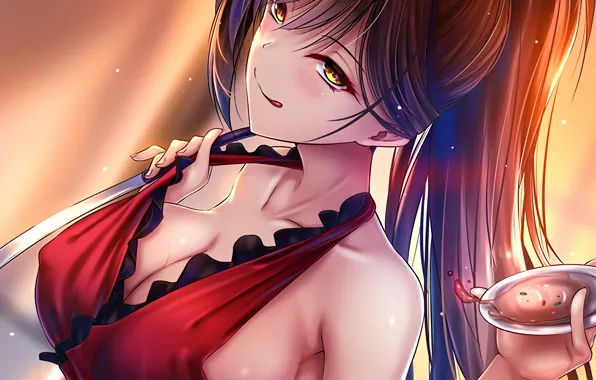 Girl, sexy, cleavage, blouse, long hair, brown hair, boobs, anime