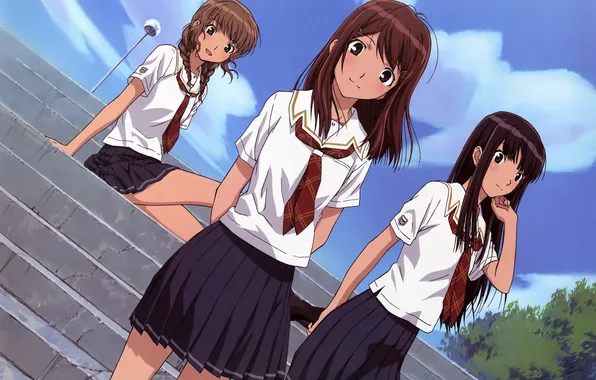 Картинка небо, девушки, ступеньки, школьная форма, anime, art, подруги, Mizusawa Mao