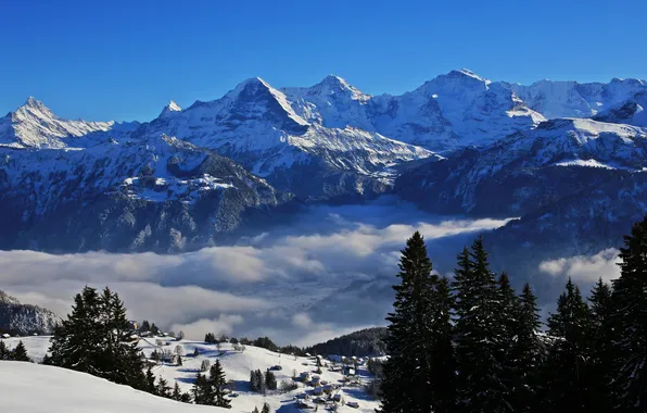 Картинка зима, облака, снег, деревья, горы, Швейцария, домики, ущелье