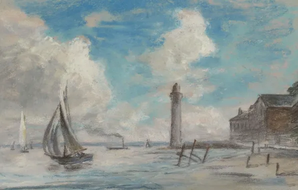 Море, рисунок, парус, Эжен Буден, Eugene Boudin, Онфлер. Взморье. Маяк и Корабль