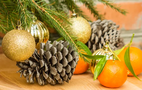 Украшения, шары, елка, апельсины, Новый Год, Рождество, Christmas, шишки