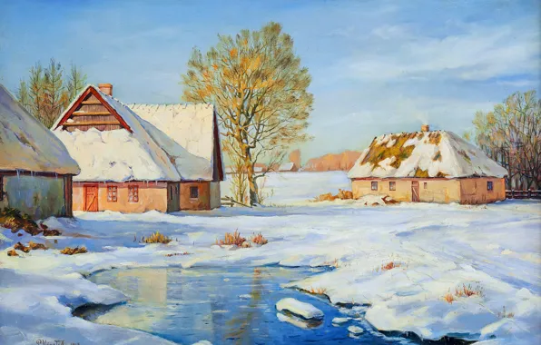 Дома, Зима, Деревья, Снег, Картина, Peder Mork Monsted, Петер Мёрк Мёнстед, Peder Mørk Mønsted