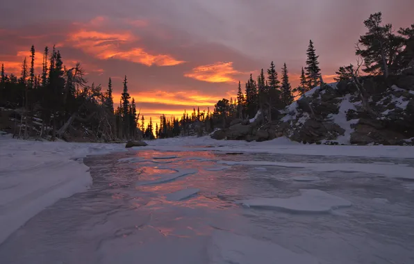 Картинка зима, лес, закат, природа, река, лёд