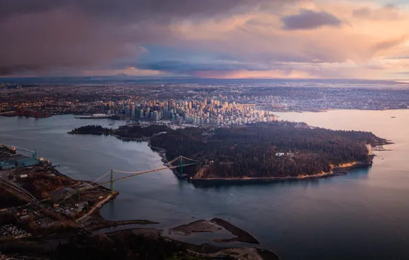 Мост, парк, здания, водоём, Vancouver
