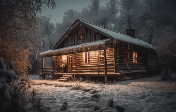 Зима, лес, свет, снег, деревья, ночь, природа, уют