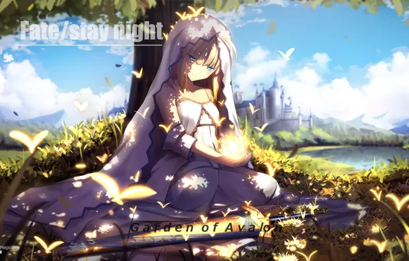 Девушка, оружие, замок, меч, saber, fate stay night, anime, art
