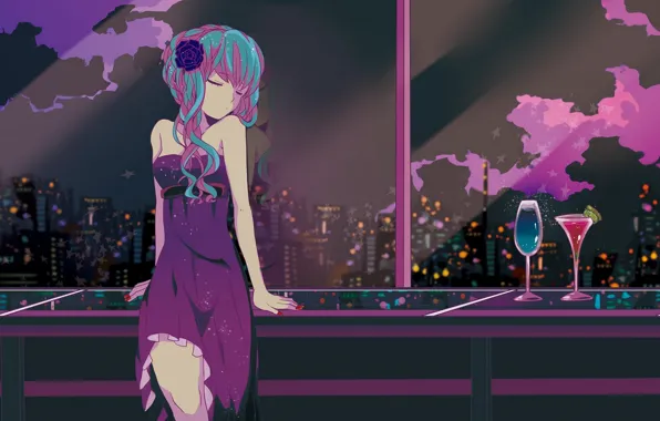Ночь, бокал, вид, окно, коктейль, vocaloid, Hatsune Miku, вокалоид
