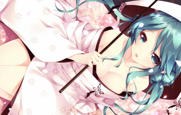 Девушка, зонт, арт, капюшон, vocaloid, hatsune miku, yuki miku, mogu