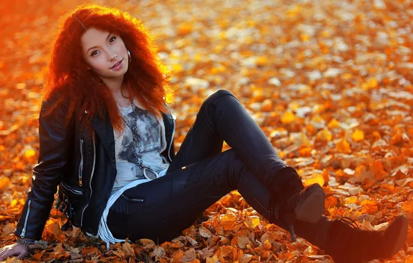 Осень, листья, девушка, природа, девушки, рыжая, краски осени