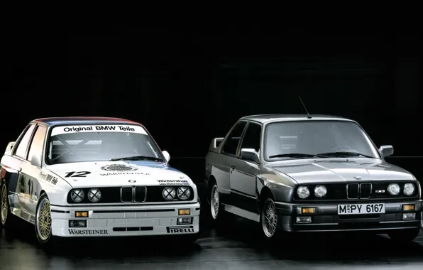 BMW, чёрный фон, DTM, E30, гоночный болид, 1987, передок.серый
