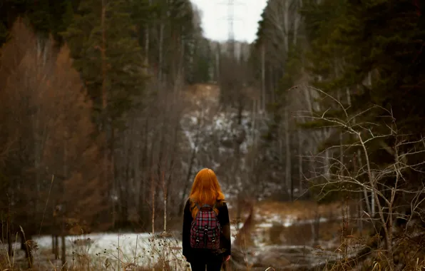 Картинка лес, боке, рыжеволосая девушка, осень.снег