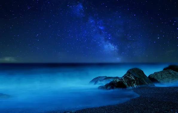 Картинка море, небо, звезды, ночь, туман, млечный путь