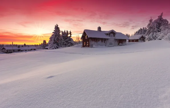 Картинка зима, солнце, снег, пейзаж, природа, дом, рассвет, красота