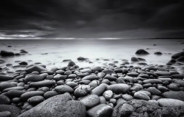 Камни, берег, Пляж, черно-белое фото, Raglan, Waikato