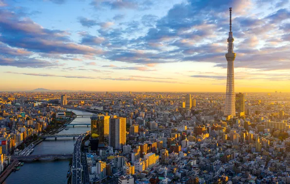 Облака, Восход, Япония, Горизонт, Токио, Tokyo, Japan, Skyline