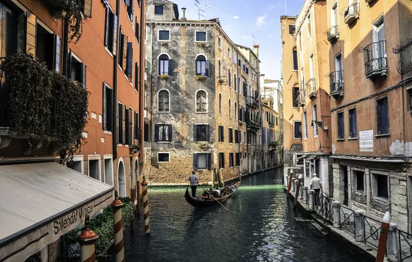 Картинка город, дома, Венеция, канал, гондола
