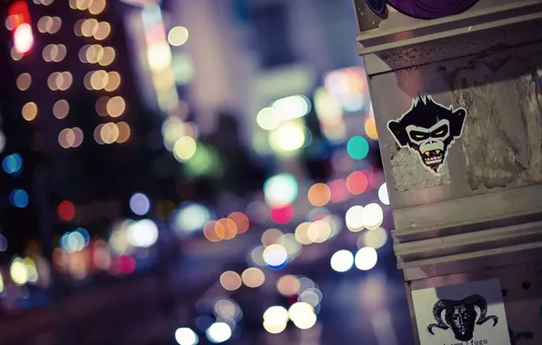 Город, огни, стена, вечер, рисунки, bokeh, architecture, urban