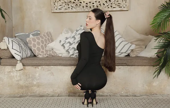 Ponytail, model, big ass, sexy woman, gorgeous, photoshoot, posing, black dress