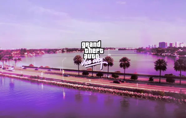 Картинка дорога, небо, пейзаж, город, пальмы, Grand Theft Auto: Vice City