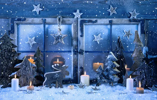 Картинка зима, снег, украшения, снежинки, Новый Год, окно, Рождество, Christmas