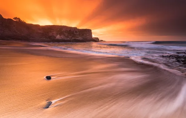 Картинка море, волны, пляж, небо, пена, солнце, лучи, закат