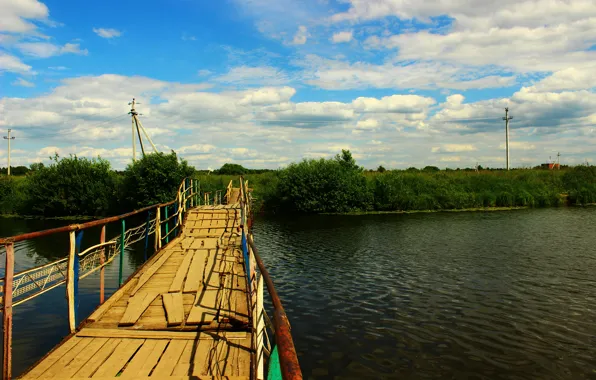 Зелень, небо, вода, река, растительность, Мост, кокшага
