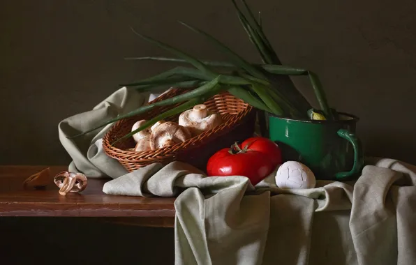 Красный, зеленый, стол, грибы, яйцо, лук, кружка, ткань