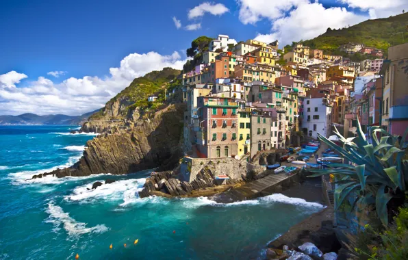 Картинка море, скалы, побережье, вилла, лодки, Италия, домики, Riomaggiore
