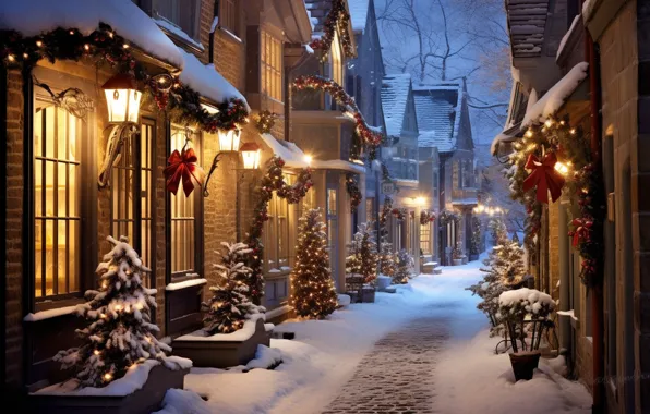 Зима, снег, украшения, ночь, город, lights, шары, улица