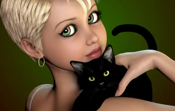 Картинка кот, девушка, черный, стрижка