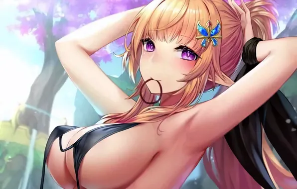 Girl, sexy, cleavage, long hair, boobs, anime, beautiful, purple eyes