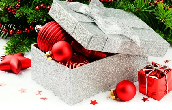 Шарики, коробка, игрушки, елка, Новый Год, Рождество, красные, Christmas