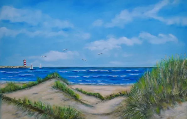 Картинка море, пейзаж, маяк, картина