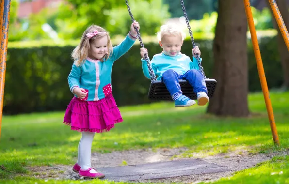 Дети, качели, мальчик, девочка, girls, child, Little, Boys