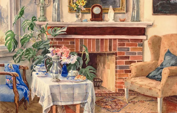 Картинка кресло, чаепитие, камин, столик, Ольга Александровна Куликовская-Романова
