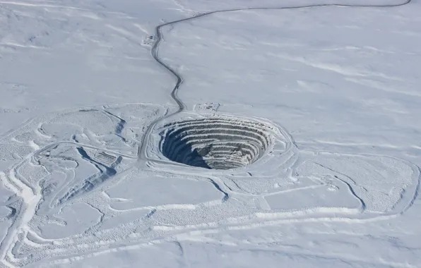 Snow, vehicles, open pit mining