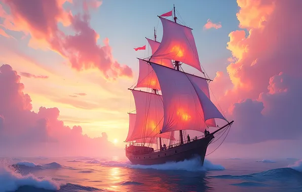 Картинка sea, painting, ship, sailboat