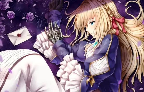 Девушка, розы, лежит, Violet Evergarden