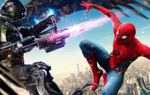 City, cinema, spider, fire, flame, gun, armor, weapon
