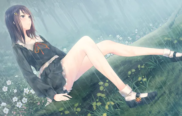 Картинка девушка, дождь, аниме, арт, flowers, upscale, sugina miki, kousaka mayuri