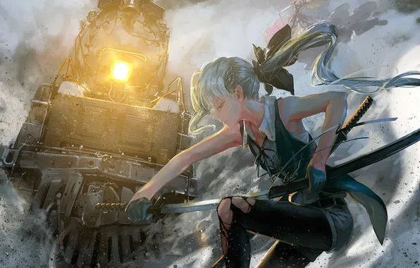 Картинка оружие, девушки, поезд, арт, локомотив, touhou, yakumo yukari, konpaku youmu