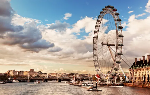 City, Лондон, колесо обозрения, skyline, London, Thames River, река Темза, the London Eye