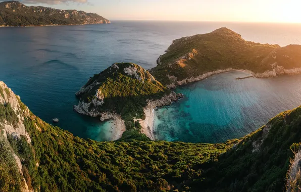 Картинка sea, sunset, island, Greece, cliffs, Corfu