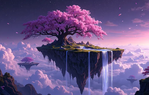 Trees, blossom, cherry, islands, floating