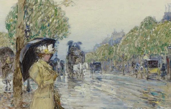 Девушка, улица, картина, зонт, городской пейзаж, Frederick Childe Hassam, Чайльд Гассам, Дождливый День на Проспекте